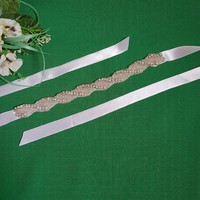 Bridal belt with rhinestones, pearls, twisted pattern, snow white satin belt