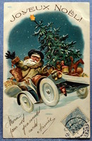 Antique embossed Christmas postcard - Santa Claus, Christmas tree, toys, car from 1904