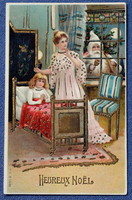Christmas postcard pressed with antique gold - Santa Claus, Christmas tree, little girl praying with her mother