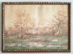 Stephan Mautner(1877-1944/auschwitz): Őszi táj boglyával. Akvarell festmény, jelzett, datált!