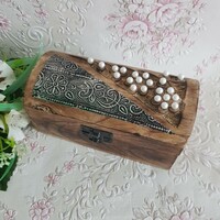 New, antique-effect, flower-patterned, carved, pearl-decorated wedding ring box, wooden box