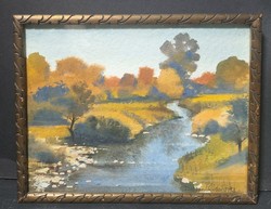 József Dobroszláv: on the stream bank - summer landscape (watercolor, 1993)