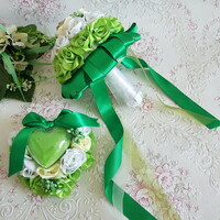 New, custom-made green-cream-white wedding bouquet and ring holder set