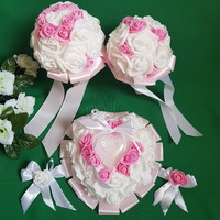 5-piece pink and white wedding set: bridal bouquet, toss bouquet, ring holder, brooch/bush cover