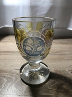 Biedermeier glass goblet around 1880 with a flat-polished uranium uranium glass base, acid-etched
