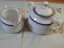 Antik porcelán teás szervírozók: kiöntő, cukortartó (kék-arany csíkos)
