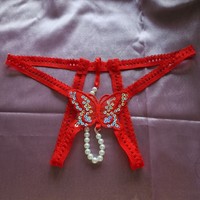 Women's underwear - butterfly, pearl, red, g-string thong panties