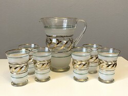 Set of 6 + 1 interestingly shaped retro glass cups and jugs decorated with golden waves