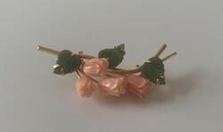 Beautiful antique coral rose jade nephrite leaf richly gilded brooch rarity