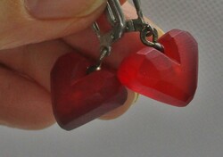 Beautiful old handmade silver earrings with red cast glass hearts
