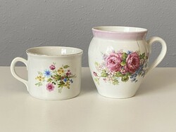 2 romantic flawed Zsolnay porcelain mugs with handles, kitchen decoration together