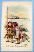 Antik  Újévi üdvözlő képeslap -  gyerekek, vasút , téli táj, szánkó ,