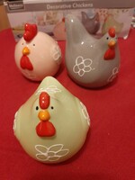 Glazed ceramic chickens in their original box. 3-piece spring decoration. Colorful, fun characters.