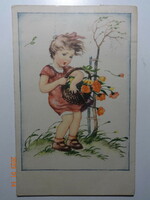 Old graphic postcard: little girl with a basket of flowers
