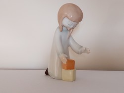 Old porcelain Budapest aquincum little girl figurine playing with blocks