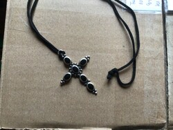 Silver cross pendant with onyx stones