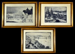 XX. Sz. Közepe Hungarian painters: Budapest skyline miniatures 3 pieces!