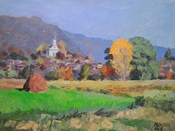 View of the village, 1969 - oil painting with maté marking, 1960s