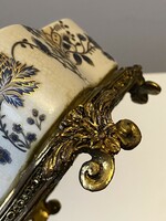 Thick porcelain floral decorative bowl jewelry holder on gilded metal legs