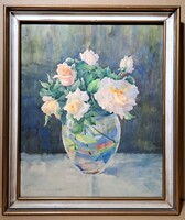 Ilona Rohonczy: flower still life with roses, 1960 (watercolor frame) female painter