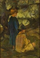 1Q066 XX. századi festő : Gyerekek az ártéri erdőben