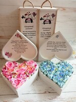 Baby shower heart set. 2 wooden wine racks and 2 quality heart flower boxes with silk flowers