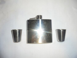 Metal brandy flask, flat glass with two cups