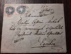 1864. 10+ 10Kr. Vertical pair on registered letter pest abends-erlau