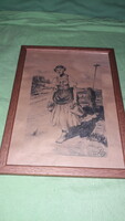 Beautiful marked graphic image: girl carrying water under glass in a frame 26 x 21 cm according to the pictures