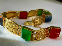 Antique Floral Pattern 14k Gold Bracelet with Semi-Precious Stones