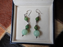Old handmade silver dangle earrings with a pair of nephrite jade beads