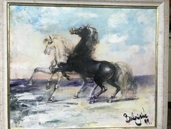 Signed oil painting by a possibly Serbian painter from the south region: galloping horses