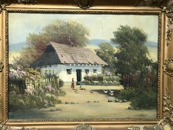 István Krecsmár: village yard oil, canvas