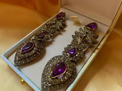 Antique earrings with 1.30 Ct diamonds and amethyst stones, gold-silver