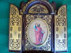Antique home altar work by master Franz Theyer Wien marked with hand painted saint