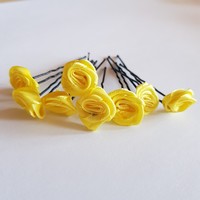 New, lemon-yellow satin rose hairpin, hair ornament