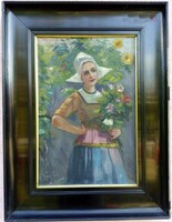 Biedermeier-style framed antique painting of a lady with a bouquet, with the signature of Níry Tamás
