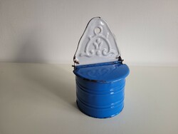 Régi kék zománcos Koronás címeres védjegyes fali sótartó Szentkoronás vintage fűszertartó