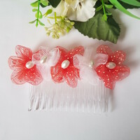 New, beaded, red-snow-white colored tulle floral hair comb, hair ornament