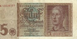 5 reichsmark horogkeresztes 1942 Németország 1. Hibás. Erősen félre vágott.