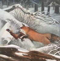 Hóban vadászó róka - olajfestmény, 40*40cm - vadászat, tájkép