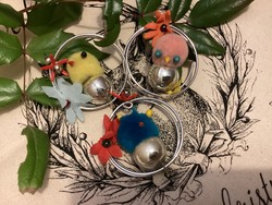 Old glass birds chicks in metal rings Christmas tree decorations