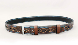Openwork, tendril belt with blue leather insert