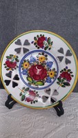 Vintage Italian ceramic wall plate, hand painted flowers, openwork heart pattern, bright colors