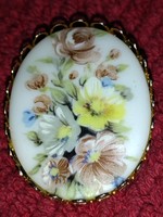 Vintage old retro women's badge pin brooch copper porcelain flower from the 1960s