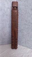 Old (early 1900s) carved, hardwood, folk two-pipe flute. Engraved decoration, 7 holes.
