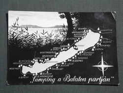 Képeslap, Camping Kempingek a Balaton partján, grafikai térképes