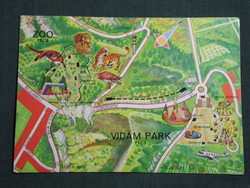 Képeslap, Pécs, Mecseki kultúrpark, állatkert, Úttörővasút, vidám park, grafikai térképes