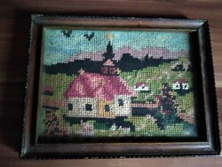 Antique tapestry picture in an old picture frame, size: 21 cm x 16 cm, age about 80 years