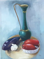 Antiipina galina: still life with jug, eggplant and tomato, oil painting, canvas, 40x30cm